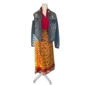 Womens Boho Reversible Silk Sari Wrap Maxi Skirt OS Gold Floral Hippie